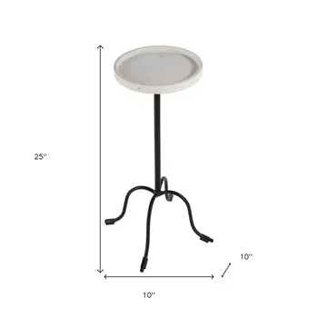 25" White and Black Marble and Iron Round Pedestal End Table