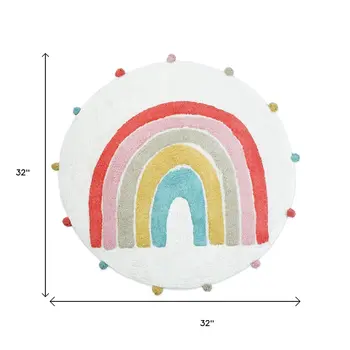 32" White Pink And Yellow Cotton Rainbows Round Youthful Bath Rug
