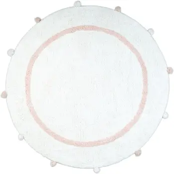 32" White And Light Pink Cotton Round Striped Bath Rug
