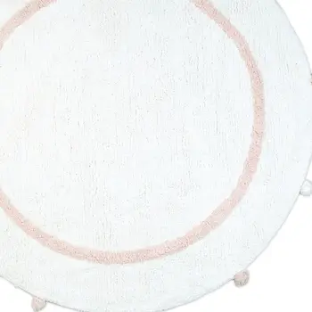 32" White And Light Pink Cotton Round Striped Bath Rug