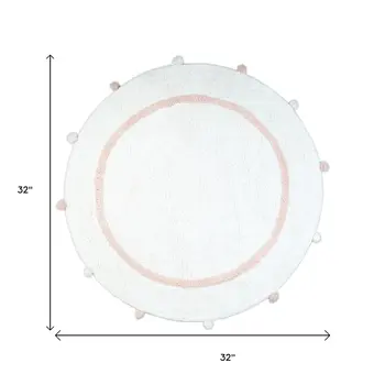 32" White And Light Pink Cotton Round Striped Bath Rug