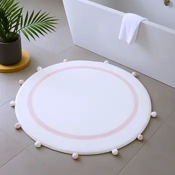 32" White And Light Pink Cotton Round Striped Bath Rug