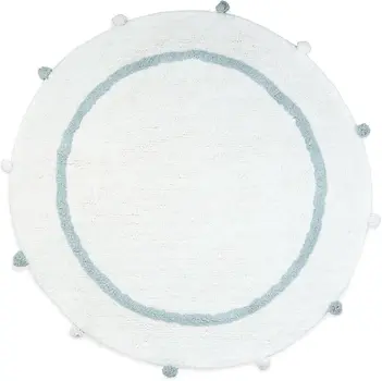 32" White And Baby Blue Cotton Round Striped Bath Rug