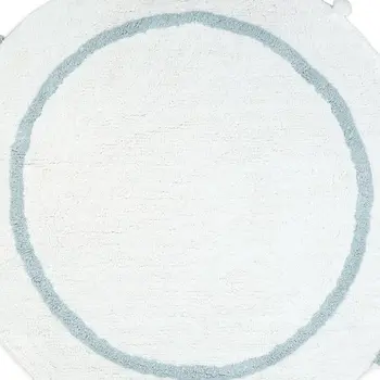 32" White And Baby Blue Cotton Round Striped Bath Rug