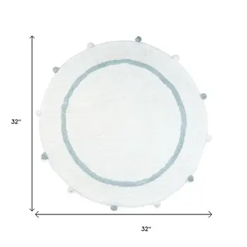 32" White And Baby Blue Cotton Round Striped Bath Rug