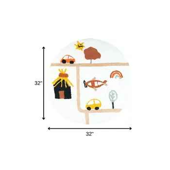 32" White Yellow And Red Cotton Cars Round Youthful Bath Rug