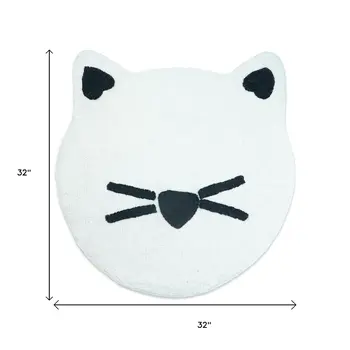 32" White And Black Cotton Kitty Cat Shaped Youthful Bath Rug