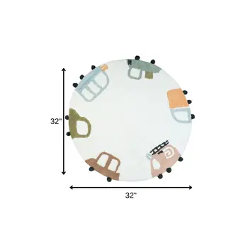32" White Blue And Green Cotton Cars Round Youthful Bath Rug