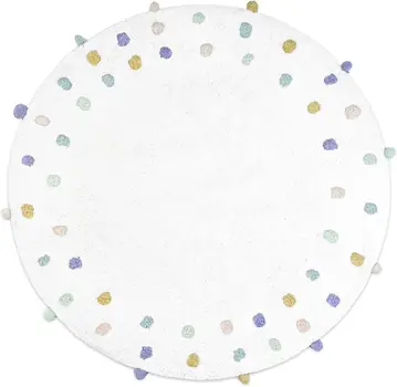 32" White Green And Purple Cotton Round Polka Dots Bath Rug