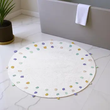 32" White Green And Purple Cotton Round Polka Dots Bath Rug