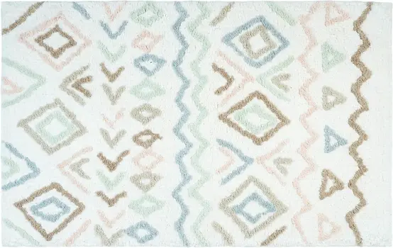 32" White Blue Green And Brown Cotton Geometric Bath Rug