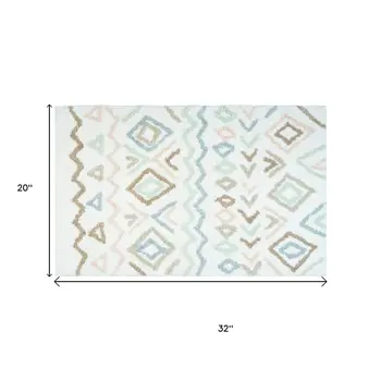 32" White Blue Green And Brown Cotton Geometric Bath Rug