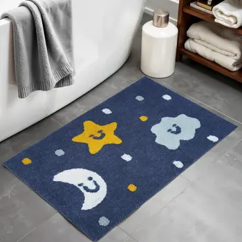 32" Blue Yellow And White Cotton Clouds and Stars Youthful Bath Rug