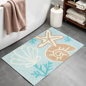 32" Aqua Blue Tan And White Cotton Seashells And Coral Bath Rug