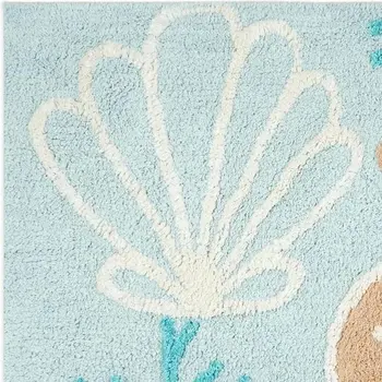 32" Aqua Blue Tan And White Cotton Seashells And Coral Bath Rug