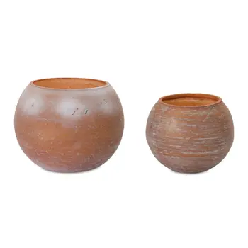 Set of Two Pink And Brown Distressed Abstract Glass Tabletop Votive Candle Holders