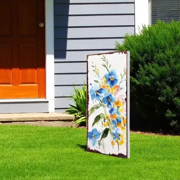 10" Blue White And Yellow Solid Wood Wildflowers Garden Stake