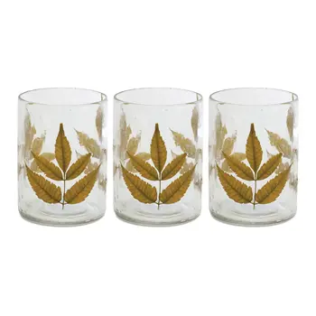 Set of Three Brown Distressed Botanical Leaf Glass Tabletop Hurricane Candle Holders