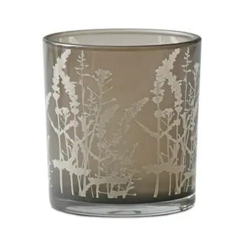 Set of Three Gray Distressed Floral Glass Tabletop Votive Candle Holders