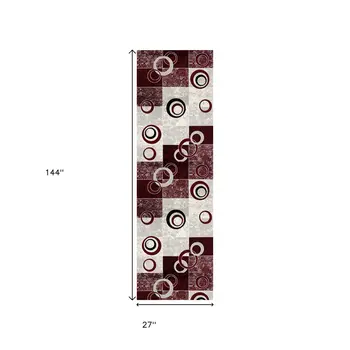 12' Red And Gray Geometric Runner Rug
