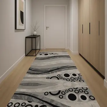 12' Gray And Black Geometric Runner Rug