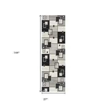 12' Gray And Black Geometric Runner Rug