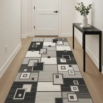 12' Gray And Black Geometric Runner Rug