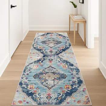 12' Blue And Gray Abstract Runner Rug