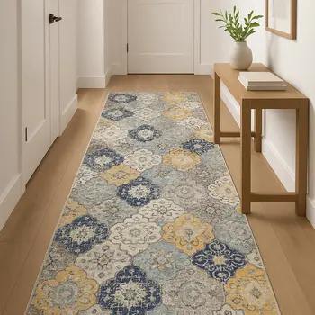 12' Blue And Gray Abstract Runner Rug