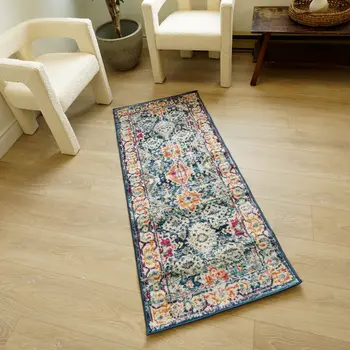 18' Blue And Beige Southwestern Runner Rug