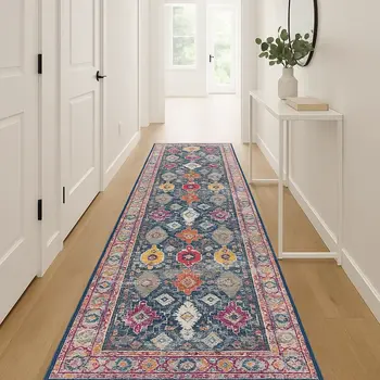 12' Blue And Beige Southwestern Runner Rug
