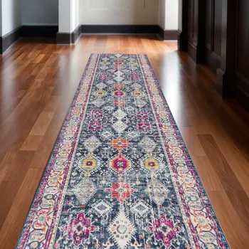12' Blue And Beige Southwestern Runner Rug