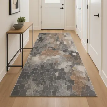 18' Gray And Beige Geometric Runner Rug