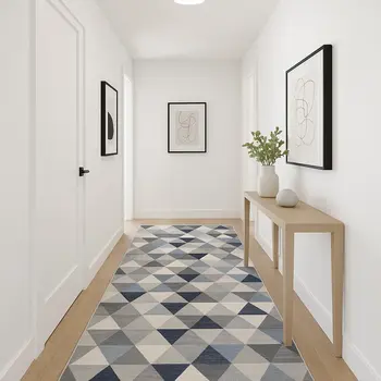 12' Blue And Beige Geometric Runner Rug