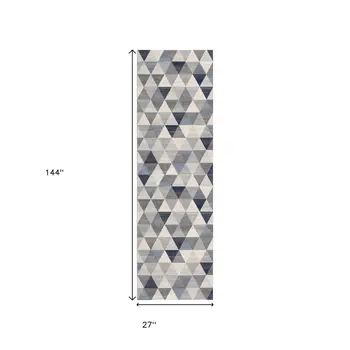 12' Blue And Beige Geometric Runner Rug