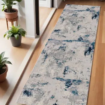 6' Blue And Cream Abstract Runner Rug