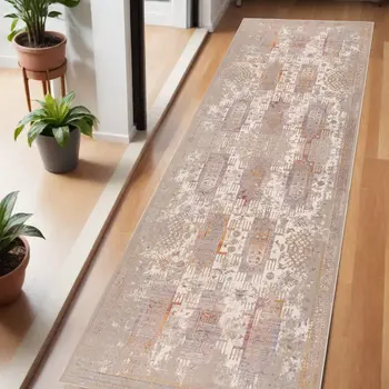 6' Gray And Beige Southwestern Runner Rug