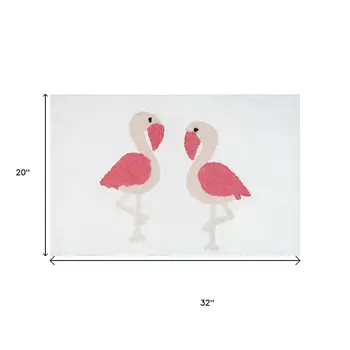 32" Pink And White Cotton Flamingo Non Slip Bath Rug