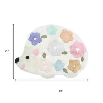 32" White Blue And Pink Cotton Hedgehog Floral Print Bath Rug