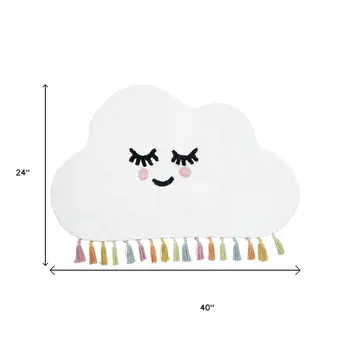 2' X 4' White Cloud Shape Smiley Face Washable Area Rug With Tassels