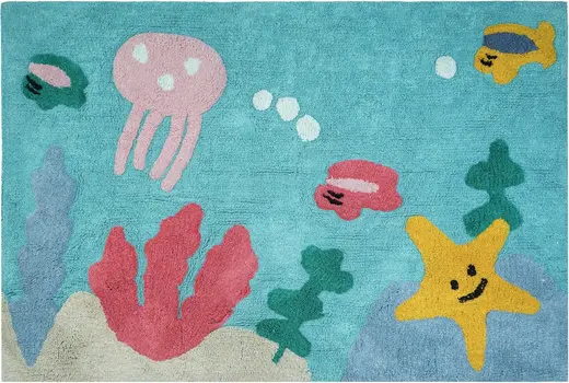 3' X 4' Aqua Yellow And Coral Starfish Youthful Washable Area Rug