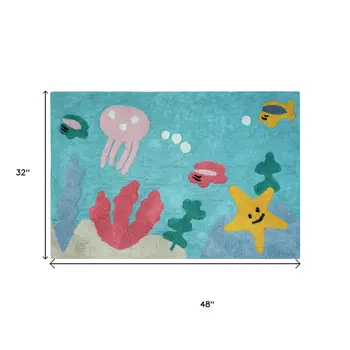 3' X 4' Aqua Yellow And Coral Starfish Youthful Washable Area Rug