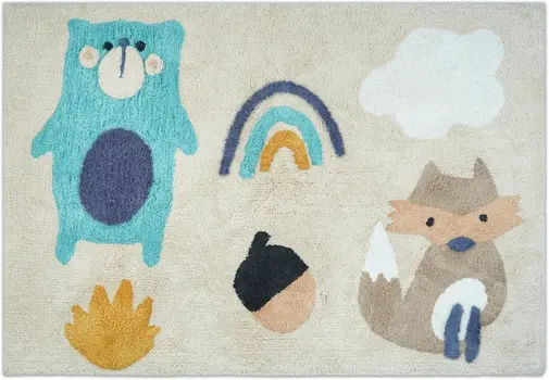 3' X 4' Beige And Blue Woodland Animals Youthful Washable Area Rug