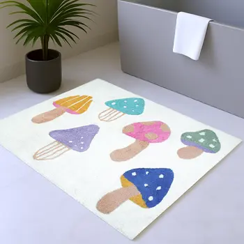 3' X 4' White Blue Pink And Tan Mushrooms Youthful Washable Area Rug