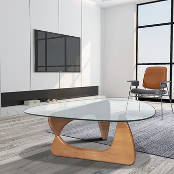 54" Clear and Brown Glass and Wood Triangle Abstract Coffee Table