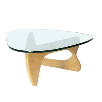 54" Clear and Natural Glass and Wood Triangle Abstract Coffee Table