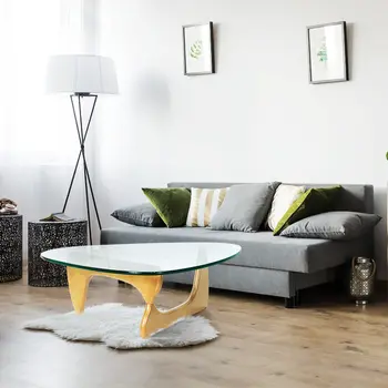 54" Clear and Natural Glass and Wood Triangle Abstract Coffee Table