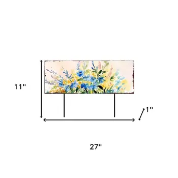 27" Blue White And Yellow Solid Wood Watercolor Floral Garden Stake