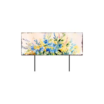 27" Blue White And Yellow Solid Wood Watercolor Floral Garden Stake