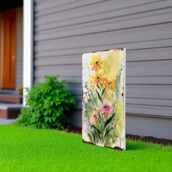 30" Green Pink White And Yellow Solid Wood Wildflowers Garden Stake